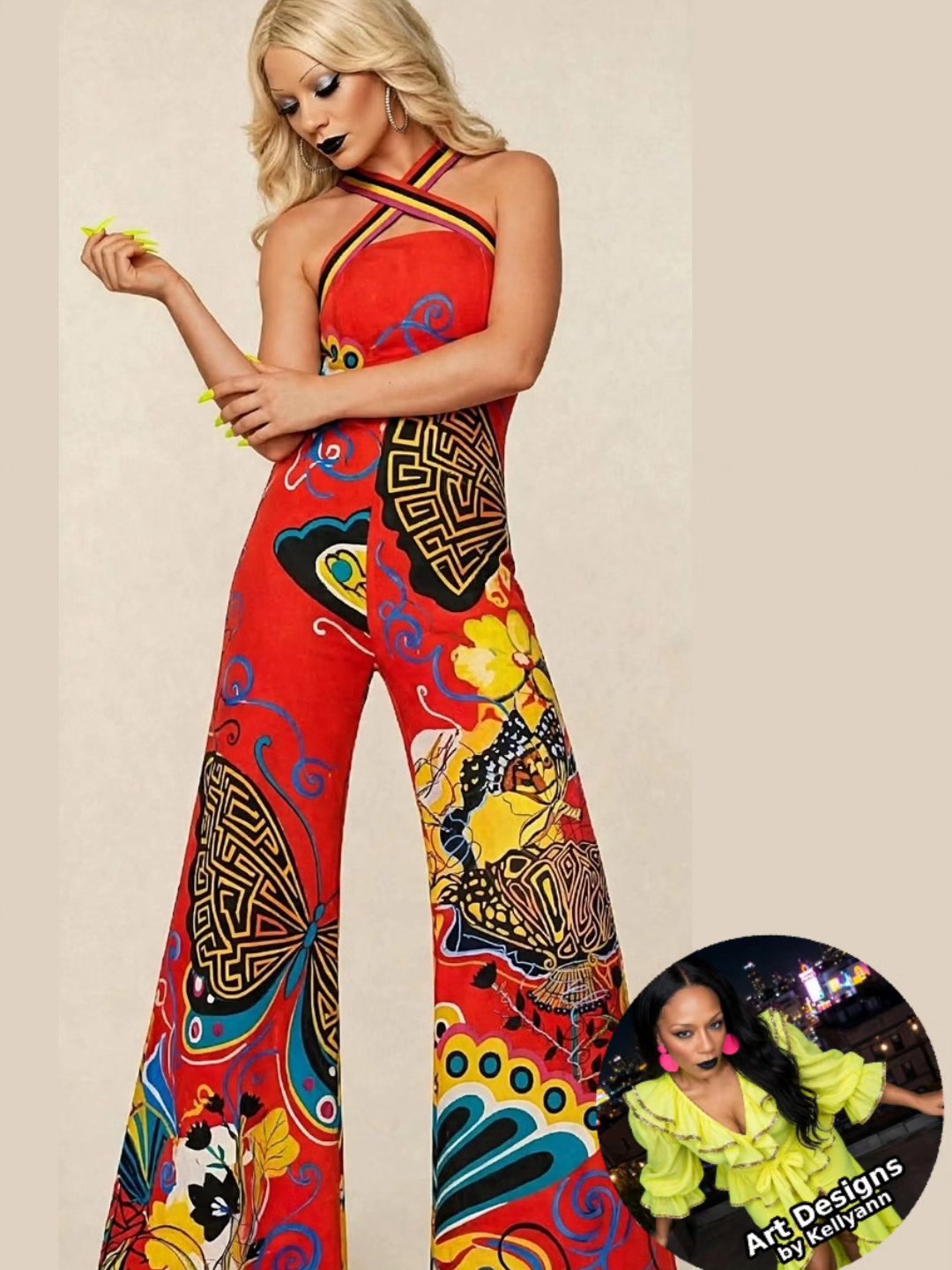 The Buttercup Collection, Look 2 — a red cross-strap halter jumpsuit with wide legs in butterfly print