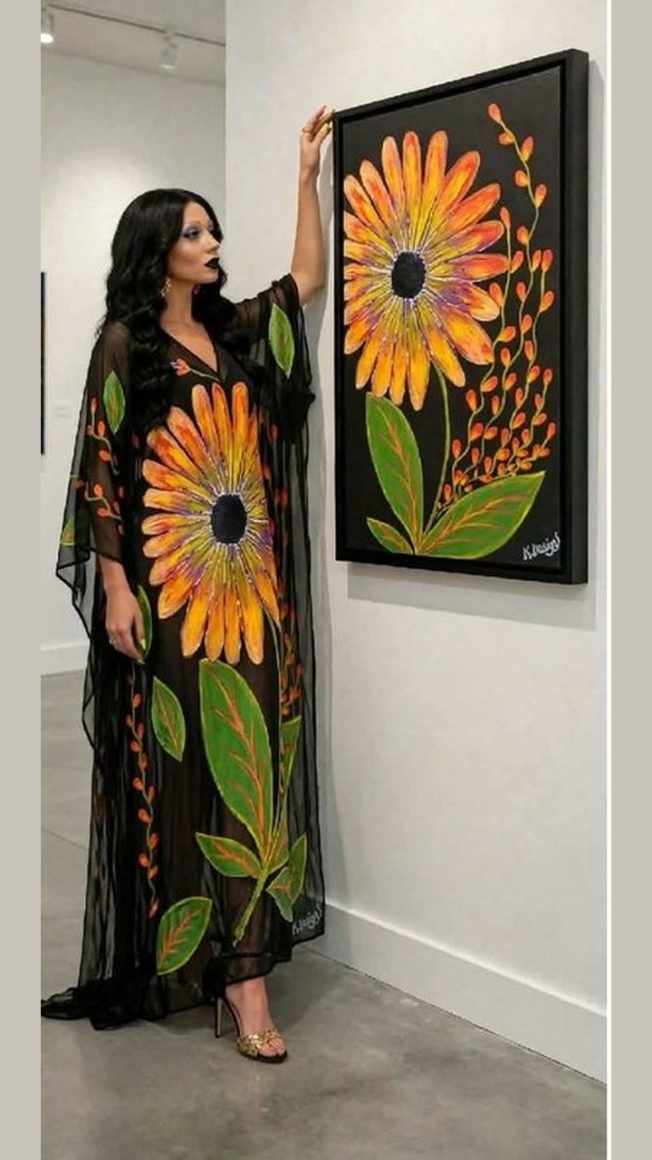 Midnight Sunflower Blooms, Look 1 — a flowing sheer black kaftan carrying the sunflower painting, worn beside the framed painting