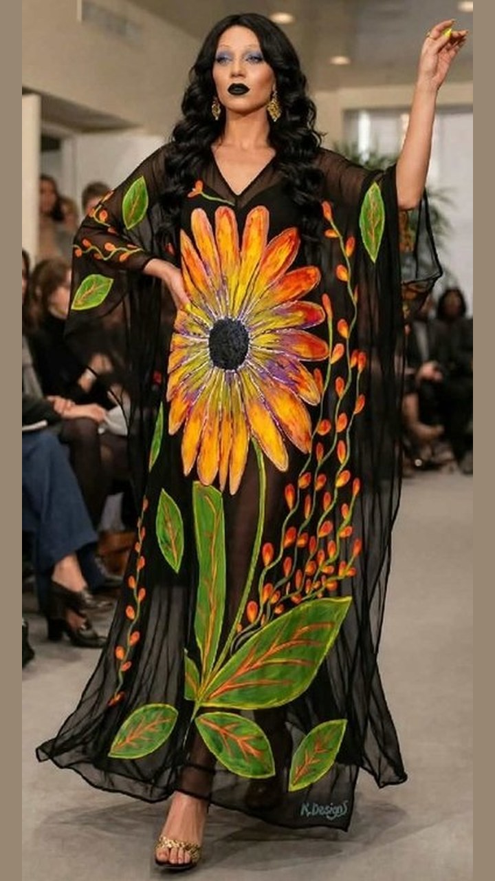 Midnight Sunflower Blooms, Look 2 — the sheer black sunflower kaftan worn on a runway