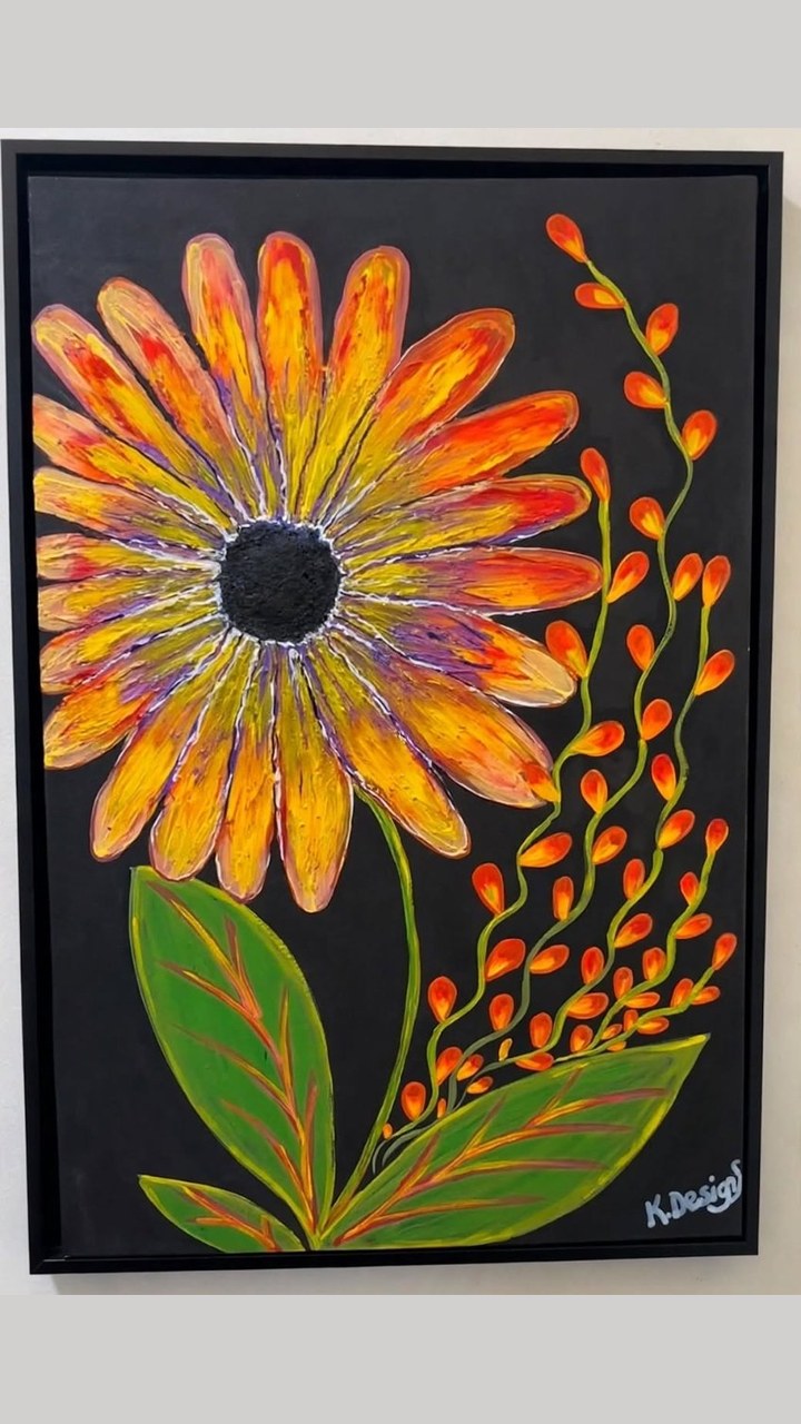Midnight Sunflower — a large orange and gold flower with green leaves on a black background, painted by Kellyann Nolan