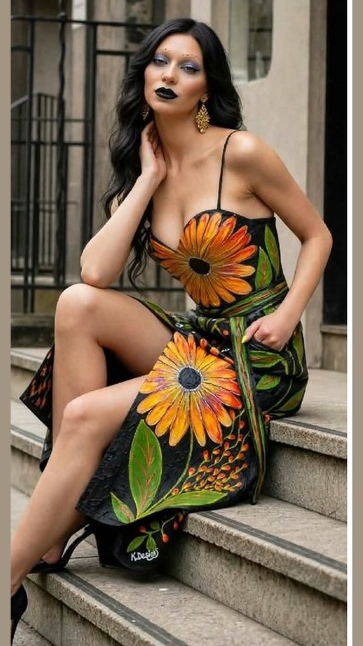 Midnight Sunflower Blooms, Look 3 — a sunflower-print slip dress worn sitting on stone steps