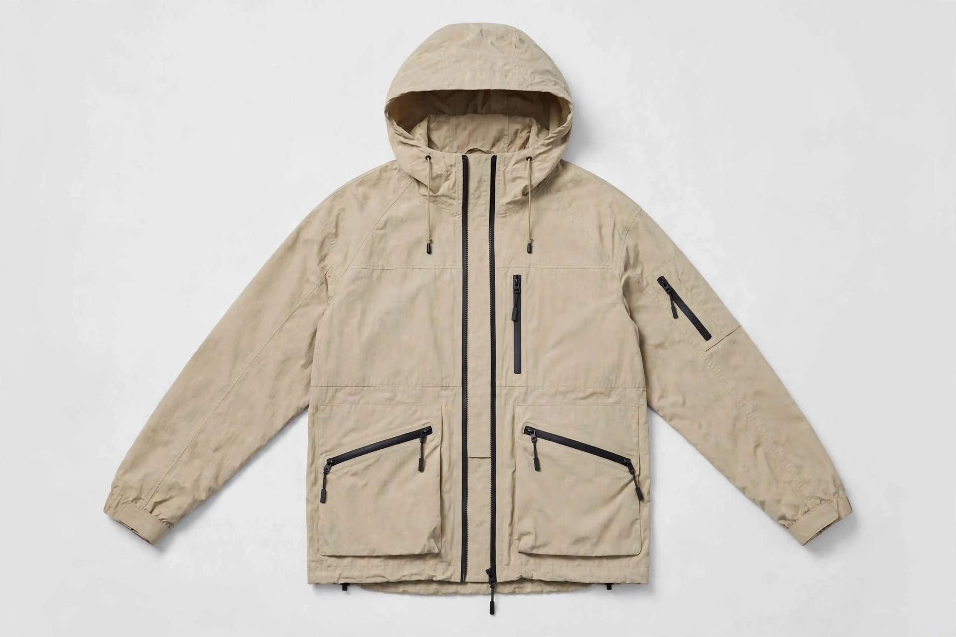 Tonal Series — tonal beige technical hooded jacket, product flat lay