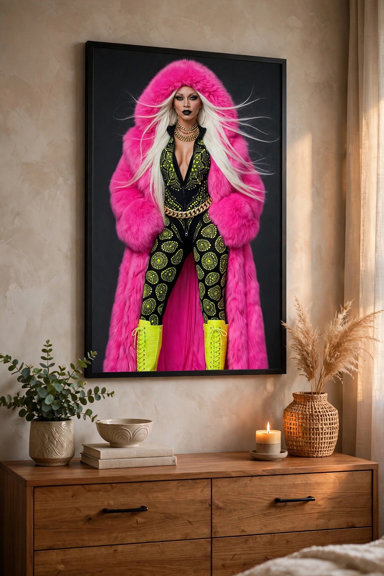 Pink Fur Hood art print in a thin black frame on a styled wall