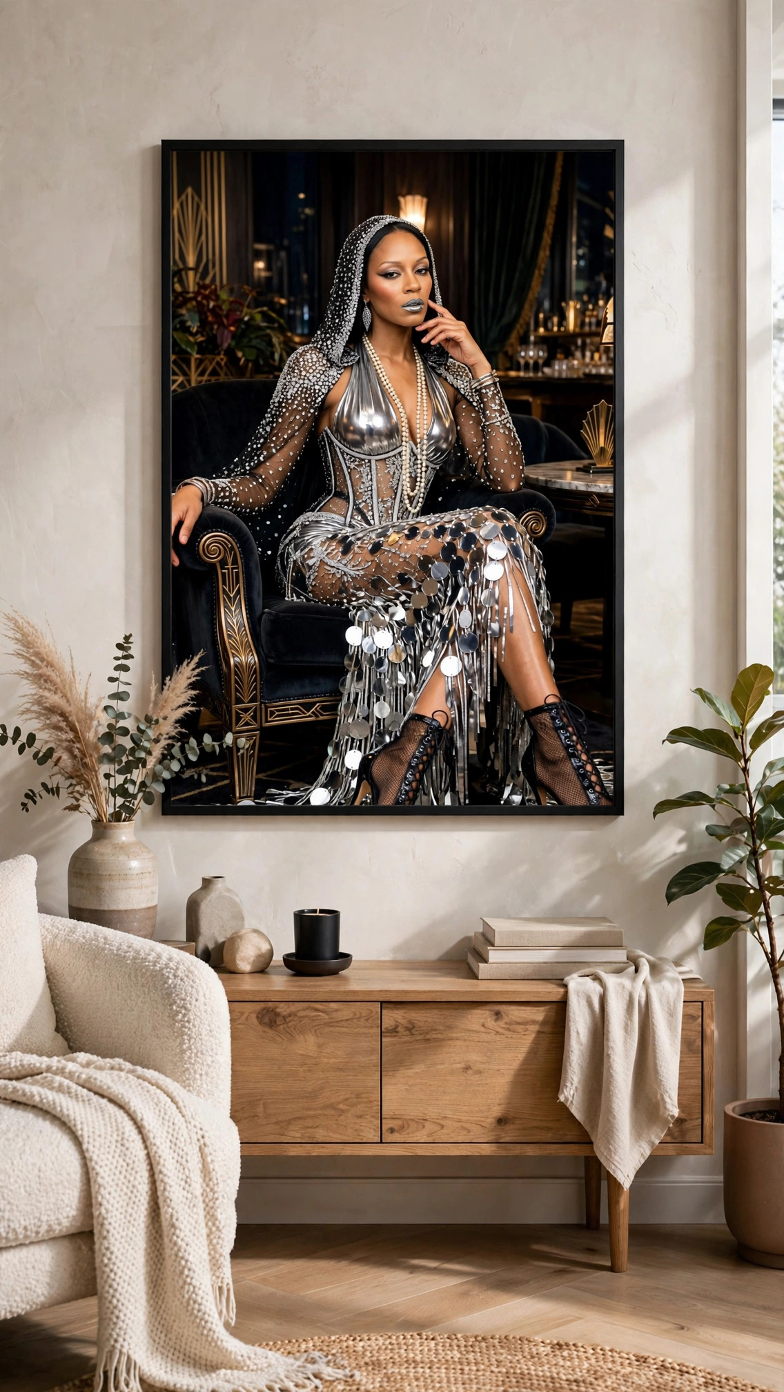 Silver Deco Siren art print in a thin black frame on a styled wall