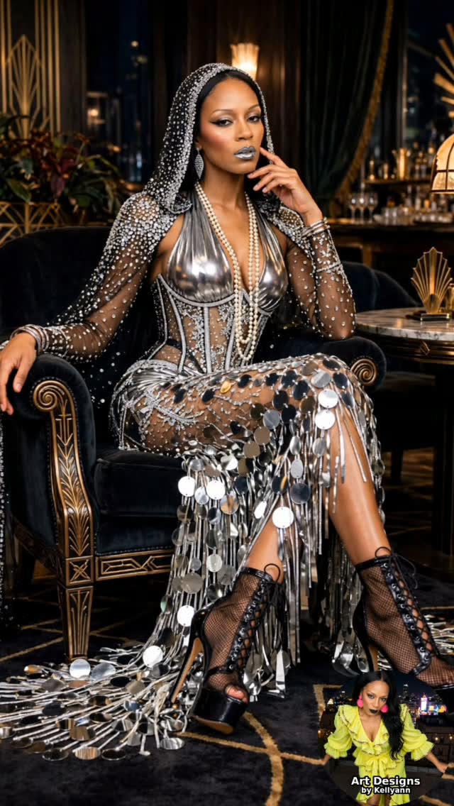 Silver Deco Siren in a mirror-disc gown and beaded hood in an art deco interior